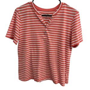 Coral Bay Womens Petite Striped Short Sleeve Henley Top Size PL